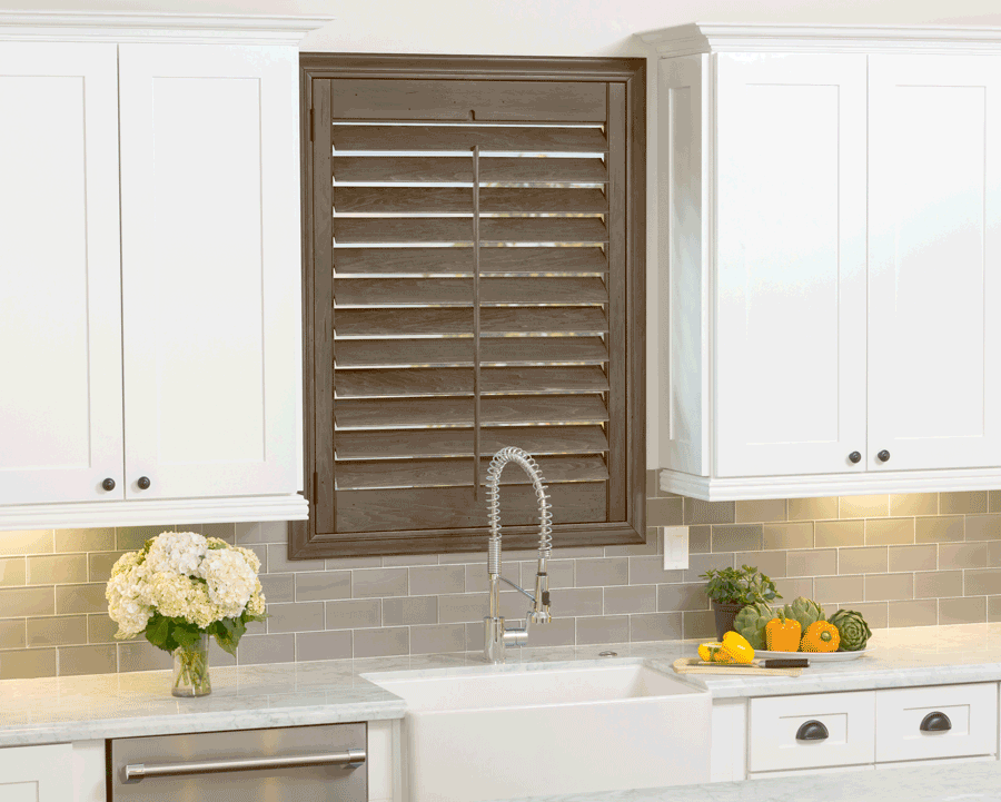 stained wood plantation shutters farmhouse style home Magnolia TX