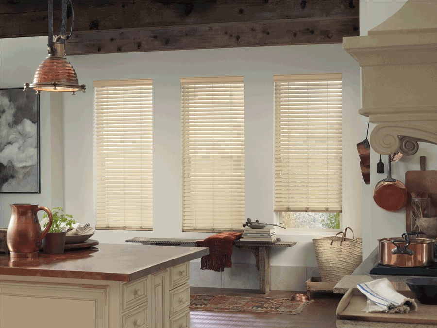 tall windows with blinds in rustic kitchen with farmhouse window treatments Houston TX