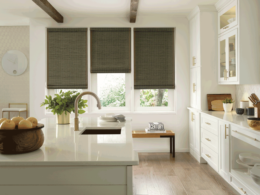 Provenance woven wood shades three windows farmhouse style window treatments Memorial Houston