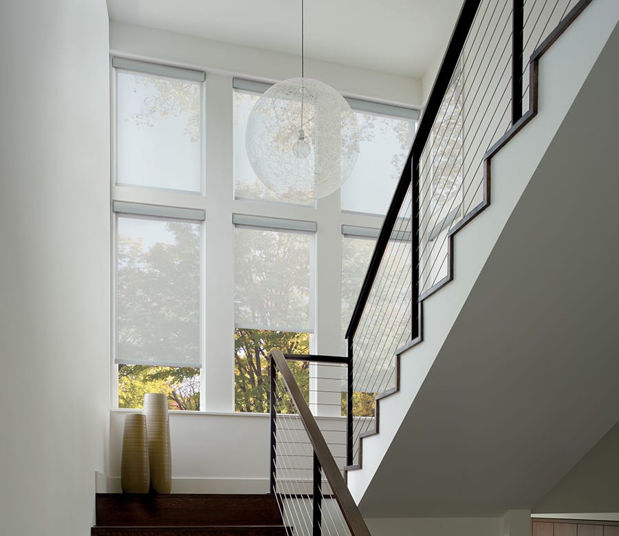 stair landing white roller shades houston tx