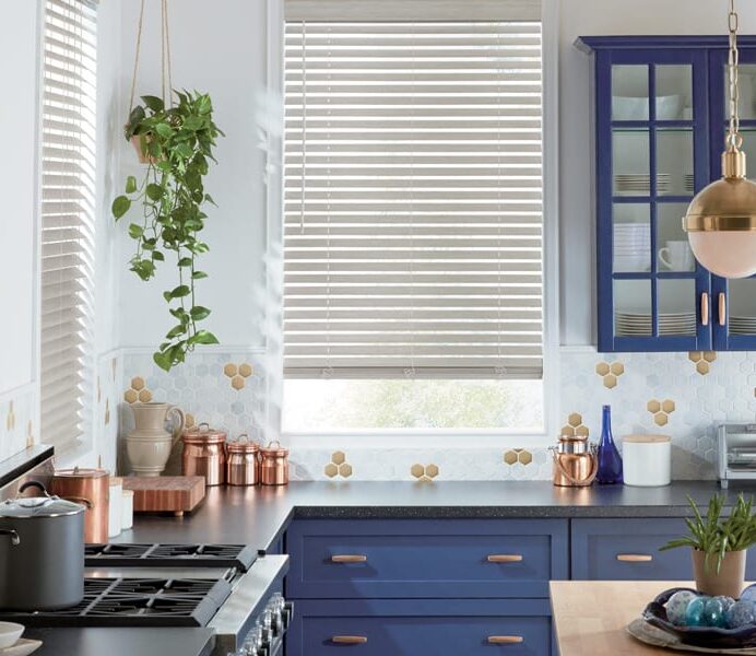 kitchen contemporary brass detail motorized smart blinds