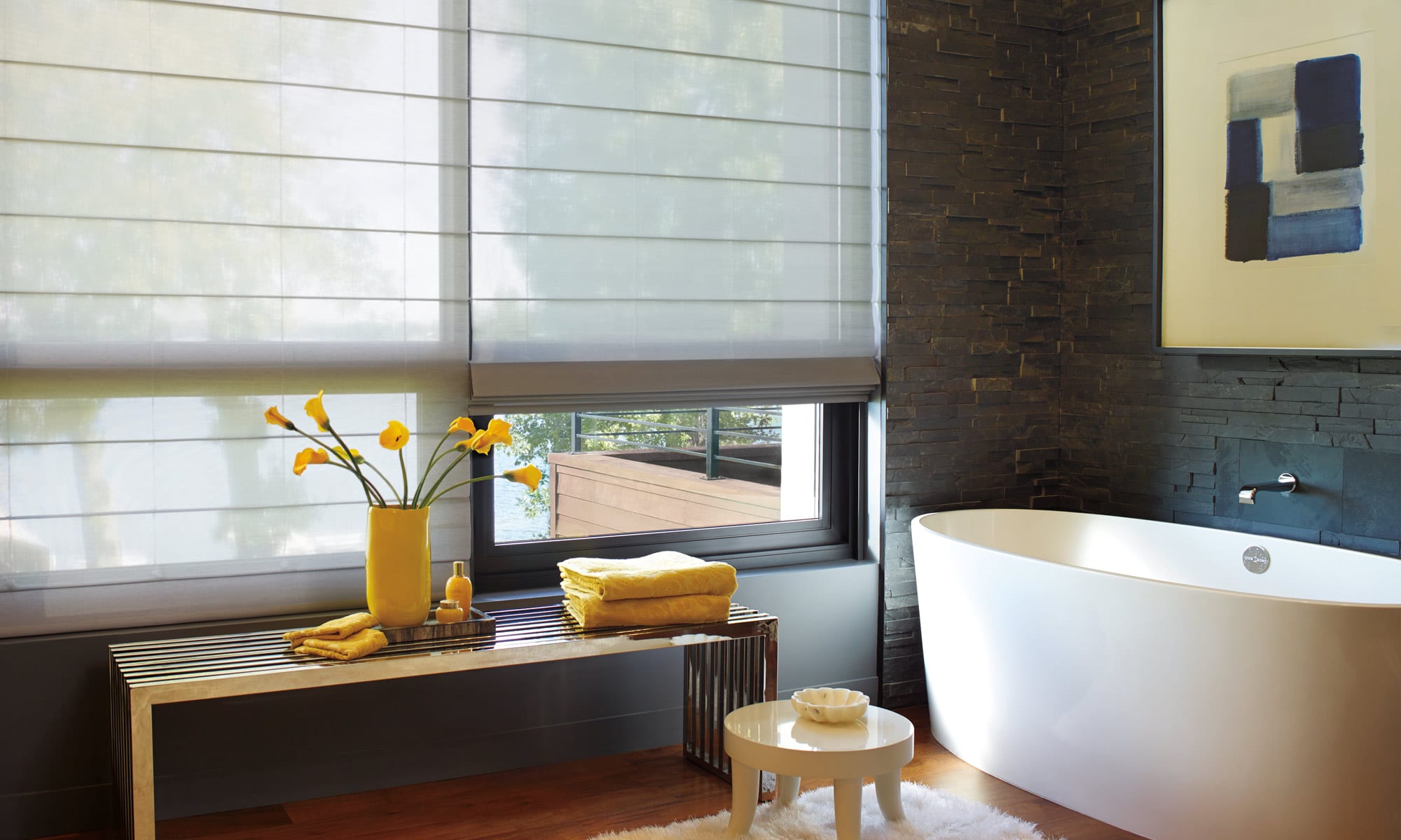 bathroom with tall windows covered with alustra woven textures roller shades in memorial TX