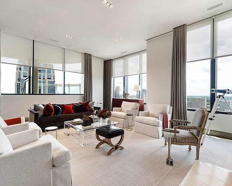 living room white roller screen shades Houston TX