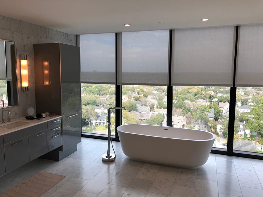 bathroom room darkening roller shades Houston TX