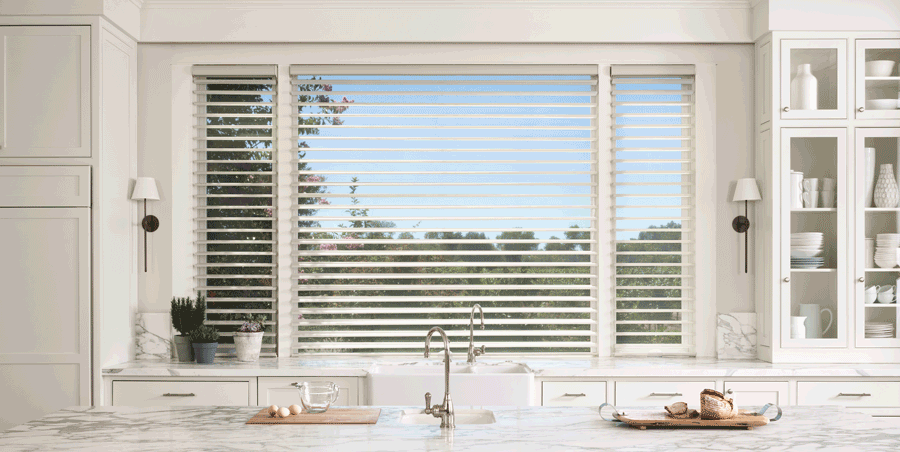 silhouette window shades above kitchen window Houston TX