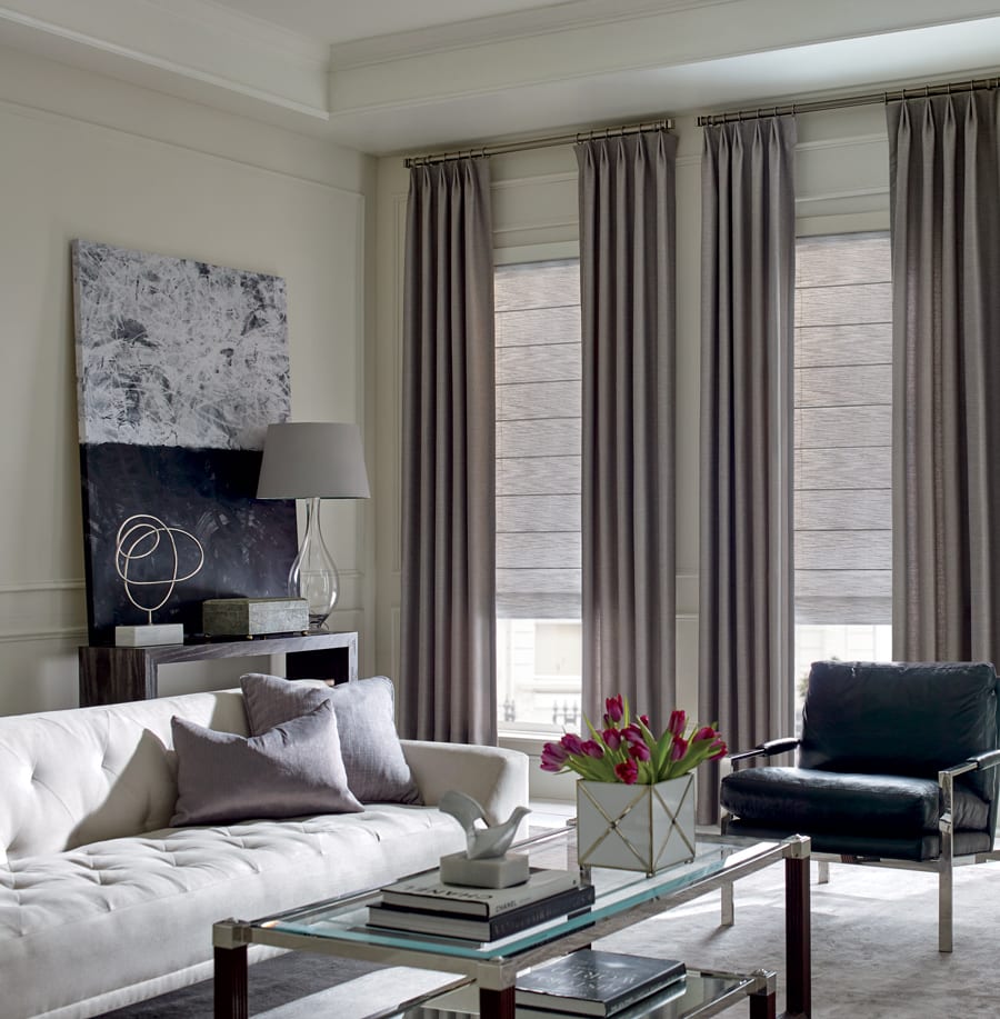 Living room shades and drapes with custom hardware