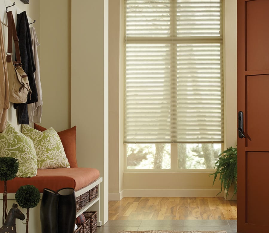 Hunter Douglas metal blinds in Houston area mudroom