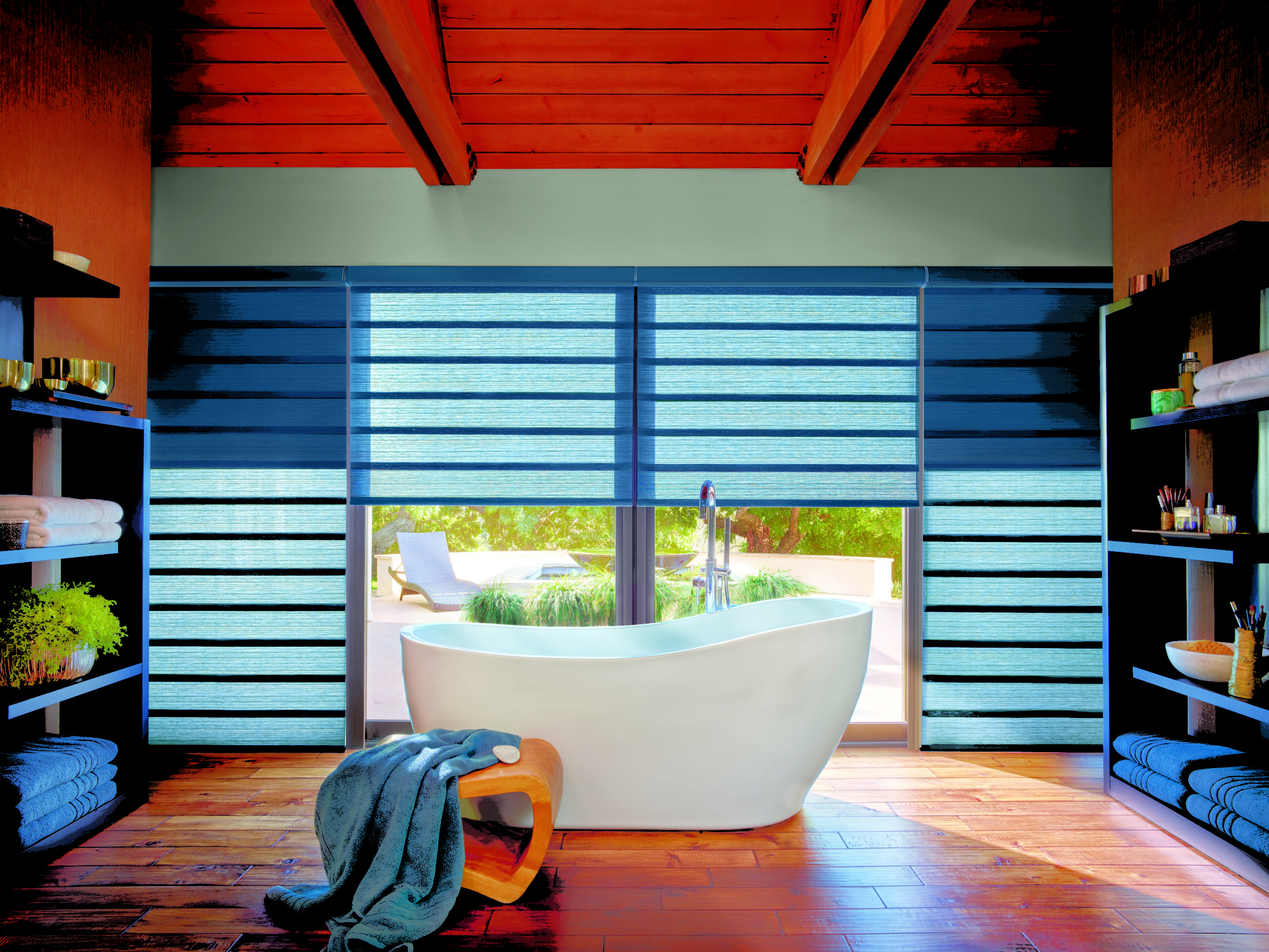 hunter douglas roman roller shades for bathroom floor to ceiling windows Houston TX