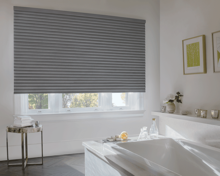 bathroom window shade in gray for style and privacy need motorized shades Houston TX