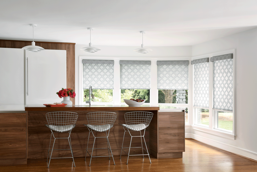 white patterned roller shades in the kitchen Memorial TX