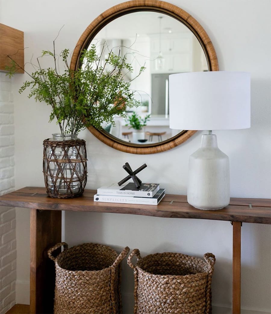 entryway table with woven baskets