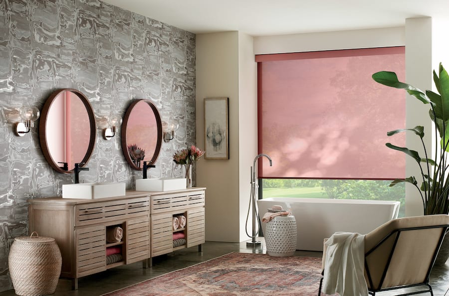 red roller shades in bathroom with wallpaper in Memorial TX bathroom