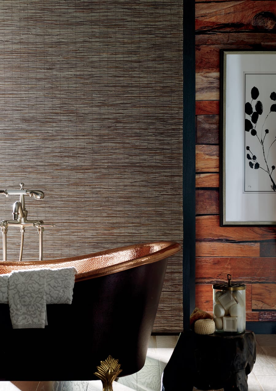 woven wood shades in bathroom with copper tub Houston TX