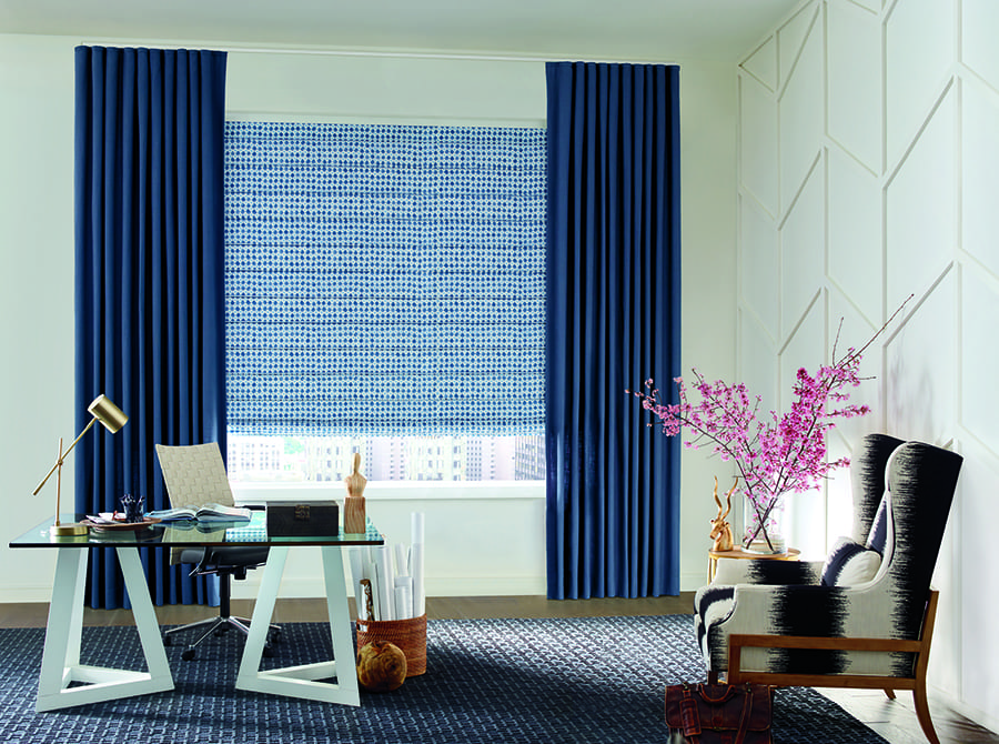 color trends with blue draperies and patterned blue roman shades in home office Houston TX