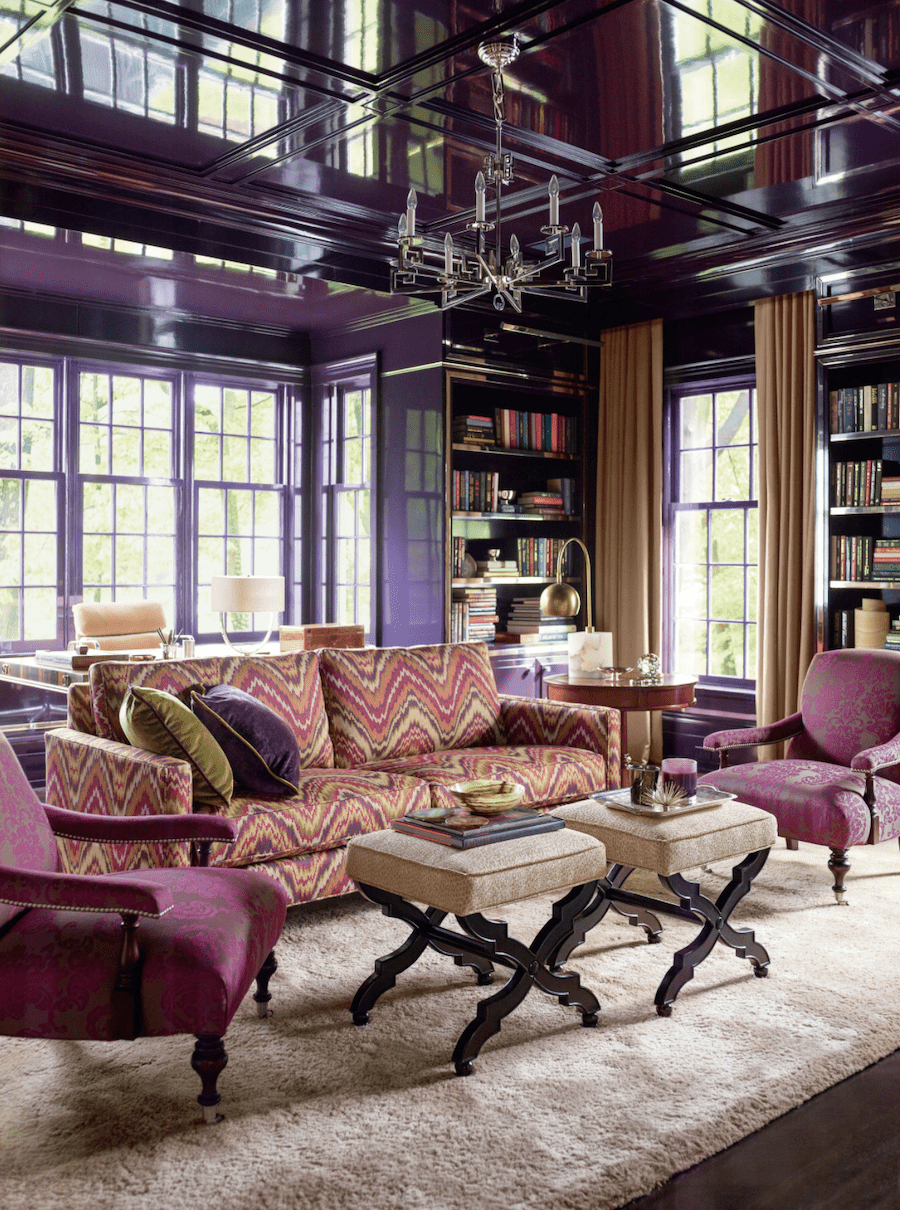 vintage living room with bright purple color scheme 