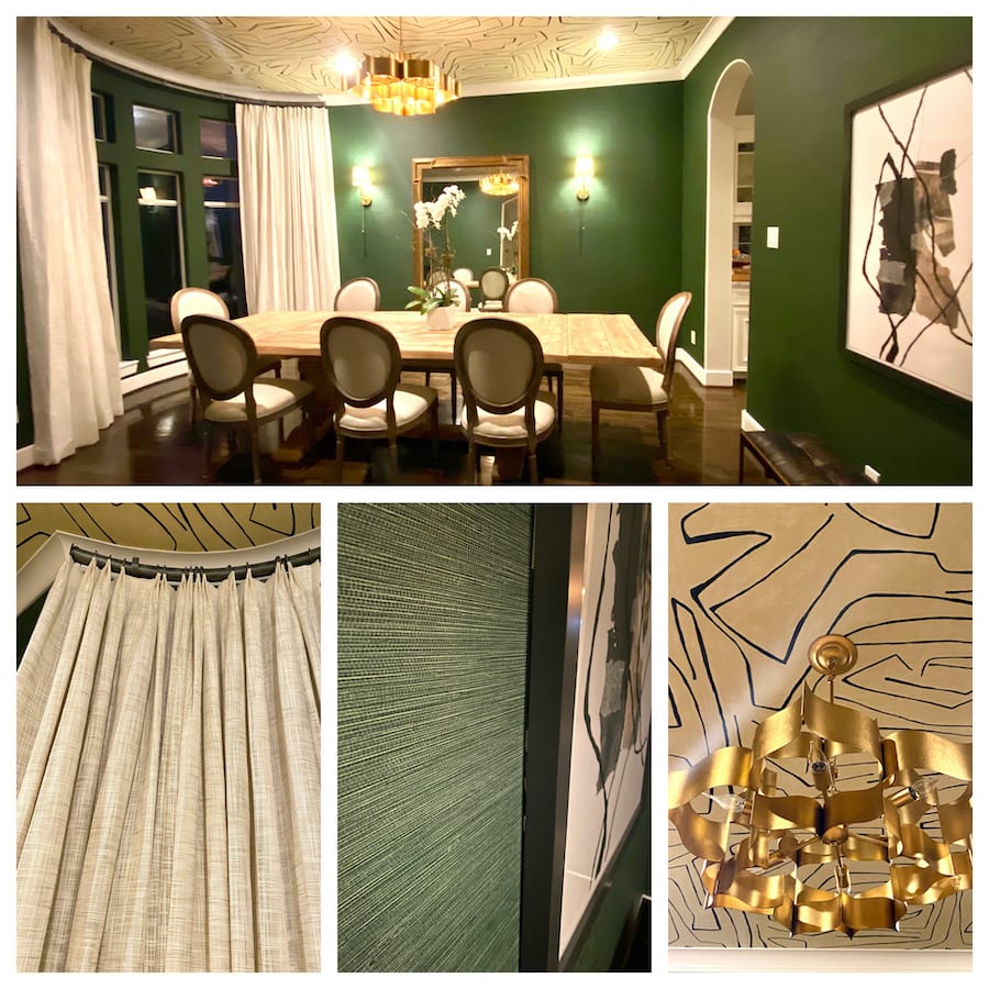 green dining room with drapery panels and wallpaper in houston TX home