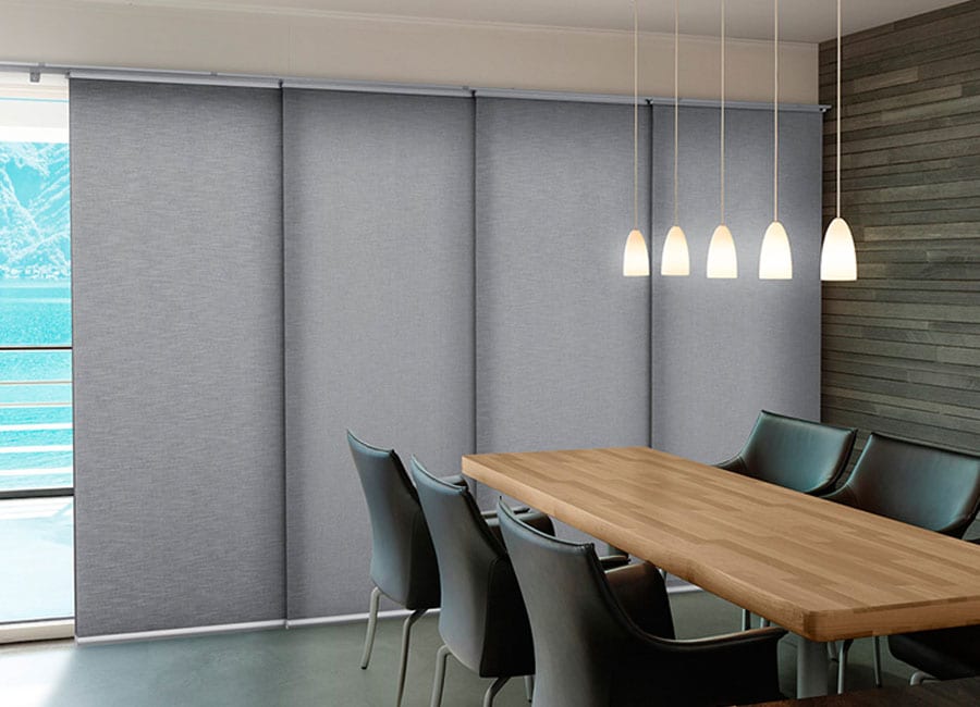 modern office with gray wide panel shades in Houston TX