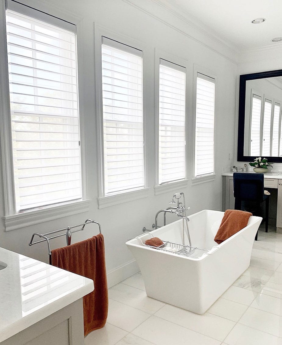 white silhouette sheer shades in modern bathroom in Houston TX