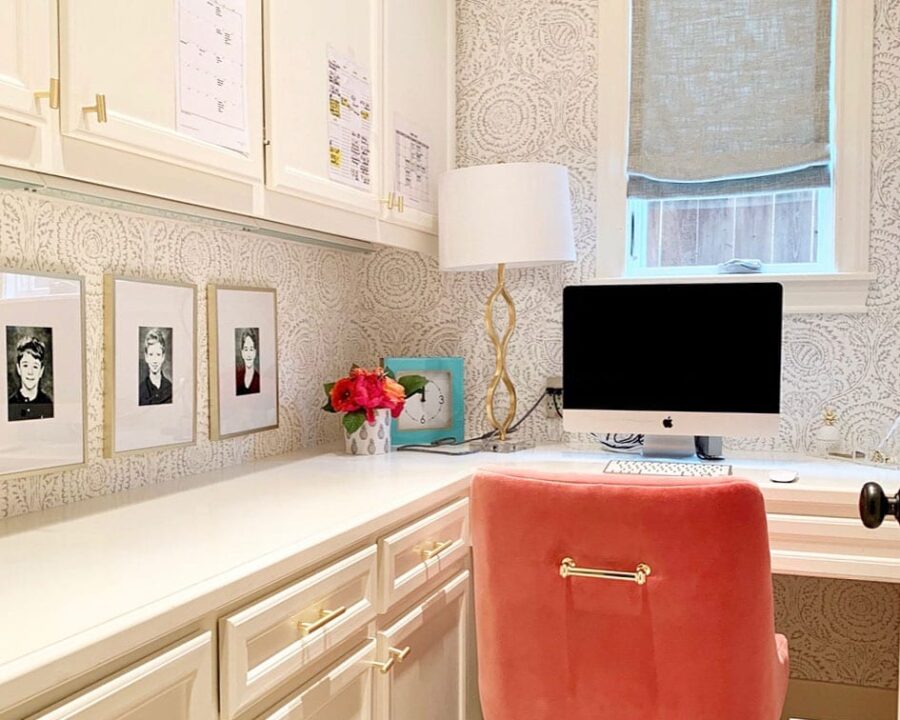 small home office nook in Memorial TX with gray fabric window shades