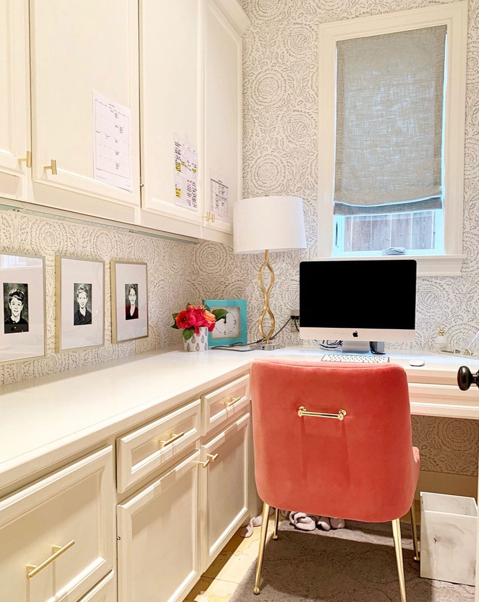 small home office nook in Memorial TX with gray fabric window shades