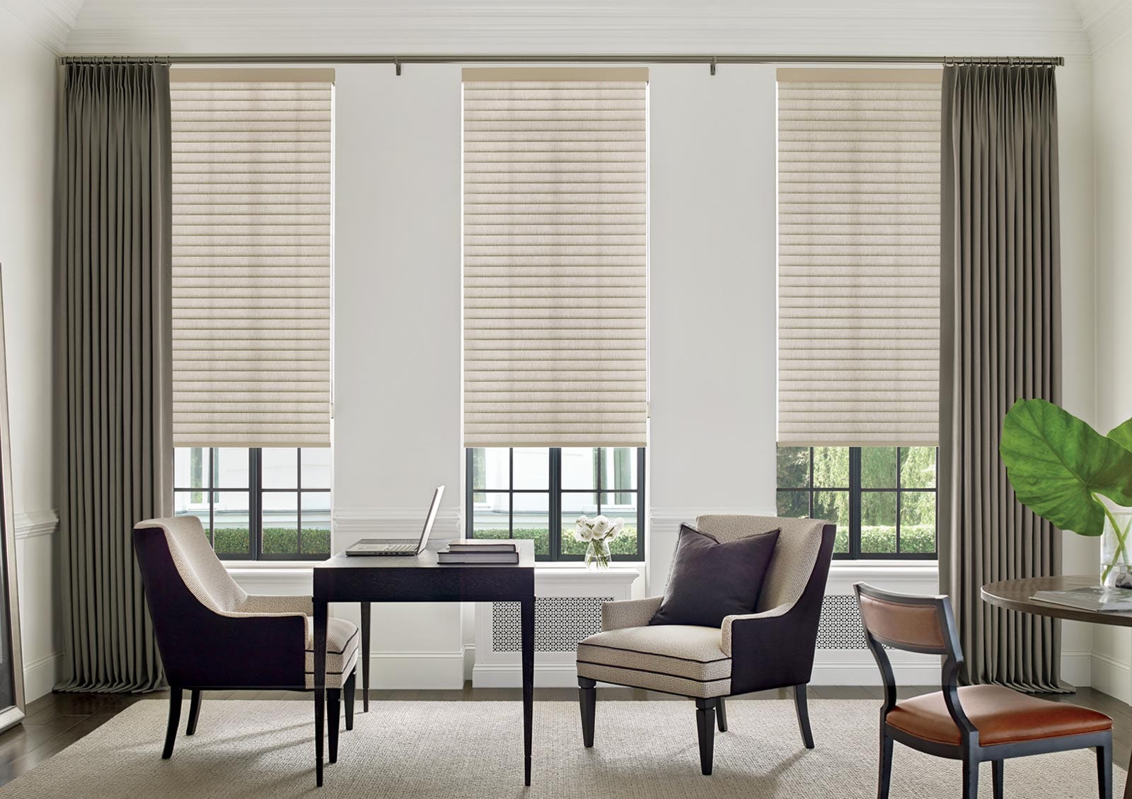 cellular roller shades with side drapery panels in home office houston TX