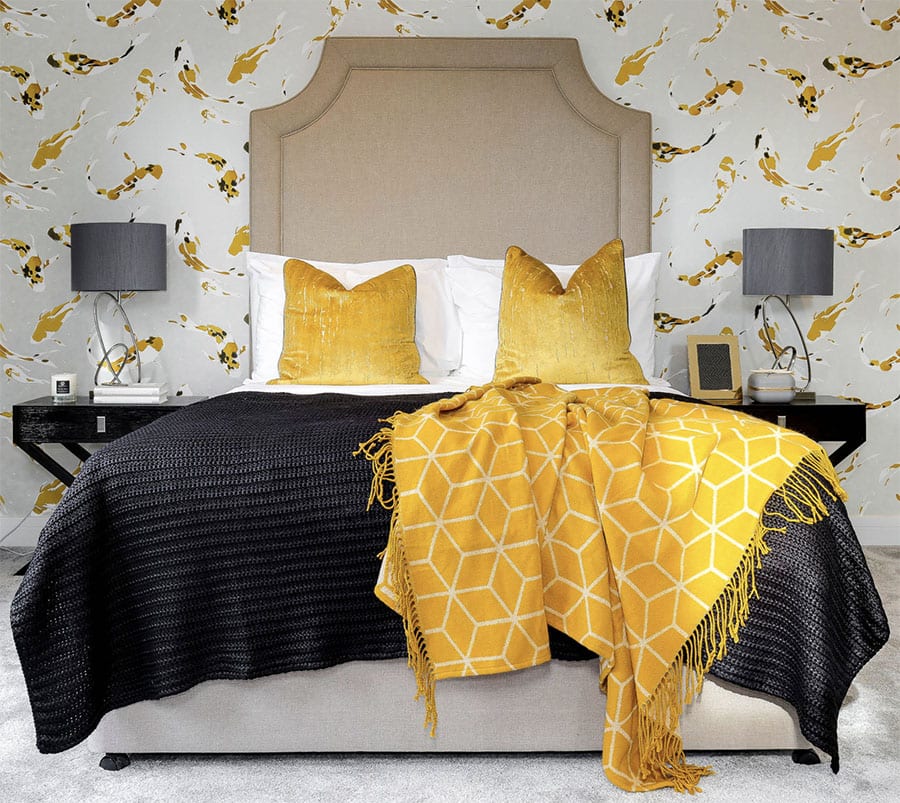 contemporary bedroom with yellow flecked wallpaper