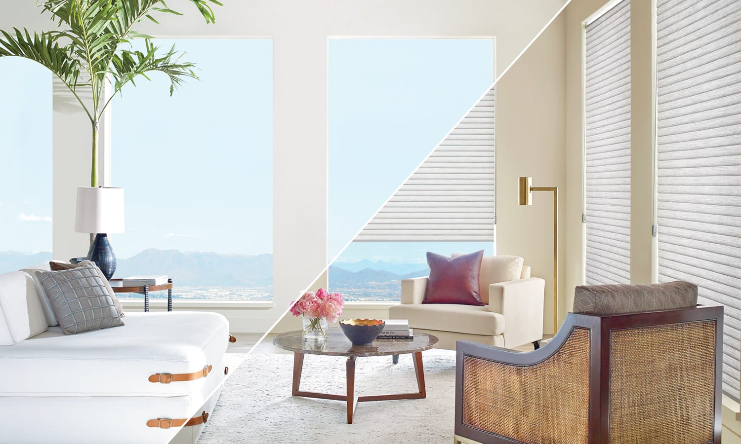 Before and after view of bare windows compared with light-filtering Sonnette cellular roller shades
