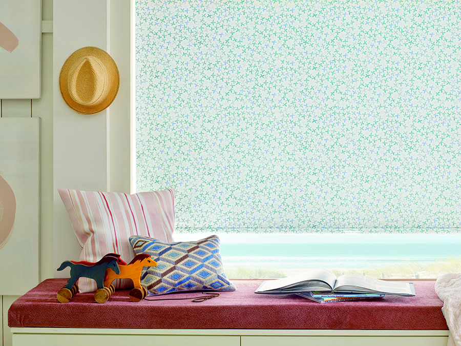 fabric roller shades from custom fabrics in Magnolia TX bedroom