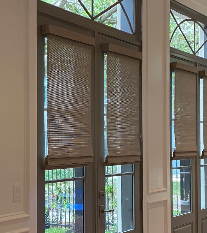 woven wood shades on french doors in Houston TX