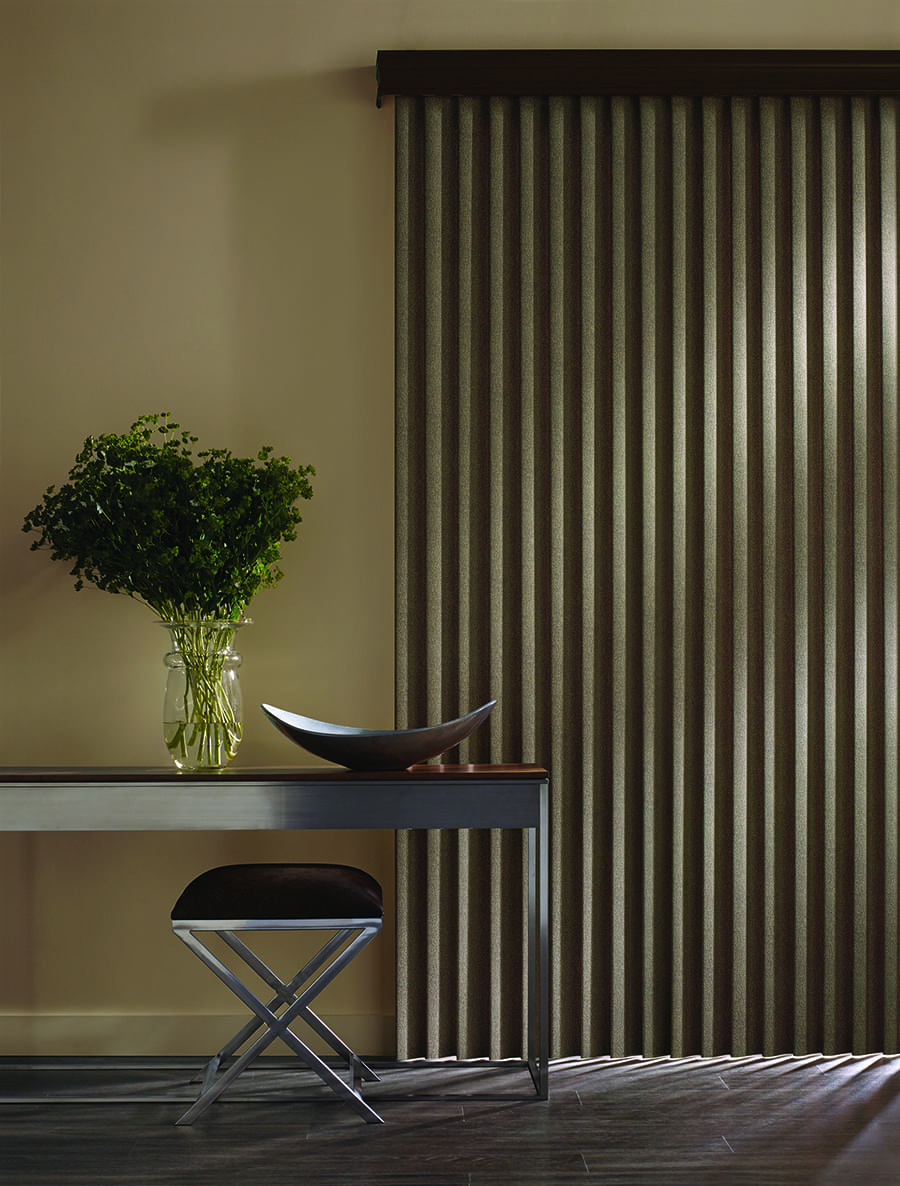 living room Cadence vertical blinds room darkening details Houston, TX