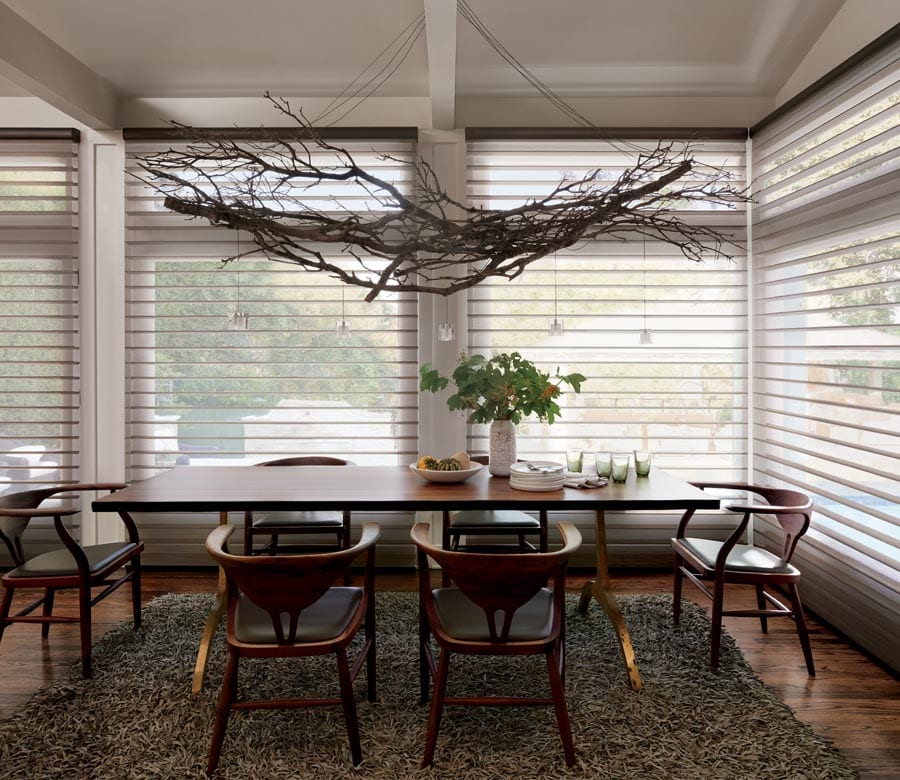 large windows with view through shades in Houston TX kitchen