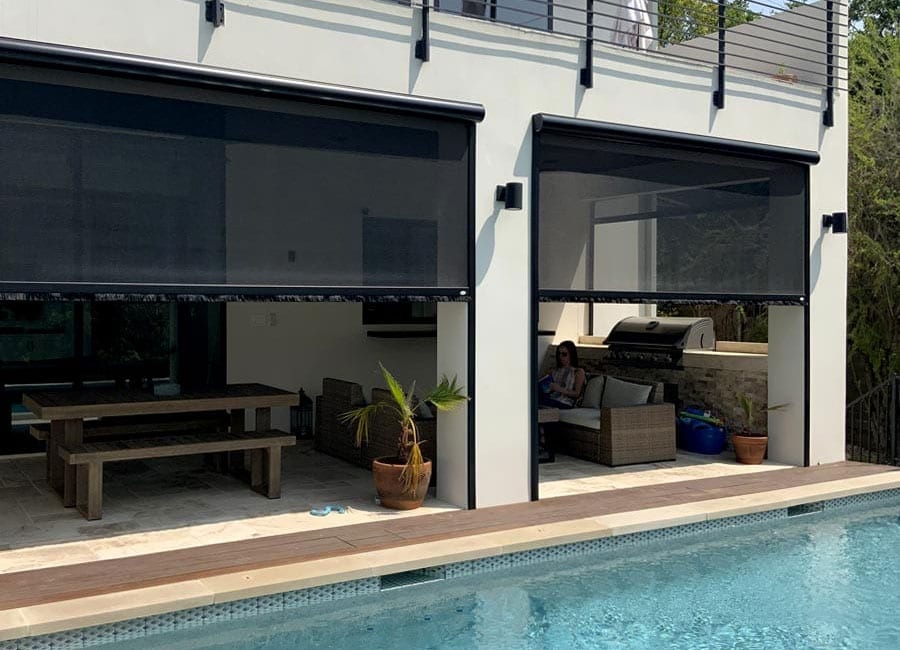 black exterior patio shades by pool in Houston TX