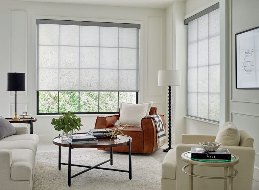 white screen shades on corner living room windows with black frames in the Woodlands Houston