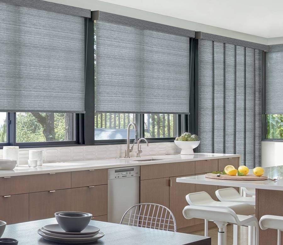 charcoal gray roller shades and gliding panels for doors and windows in Houston TX