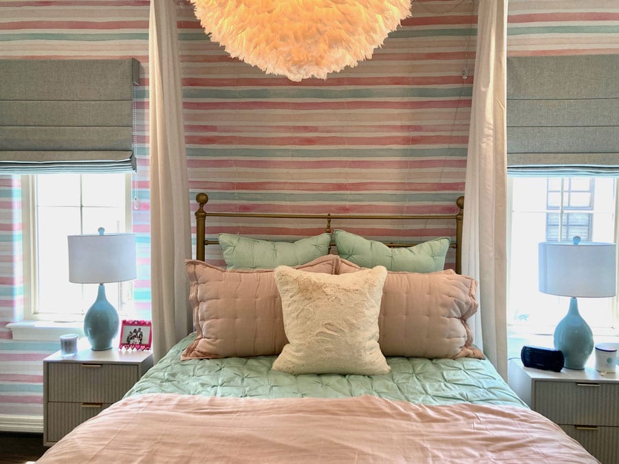 pink and aqua striped wallpaper in a child's bedroom in Houston TX