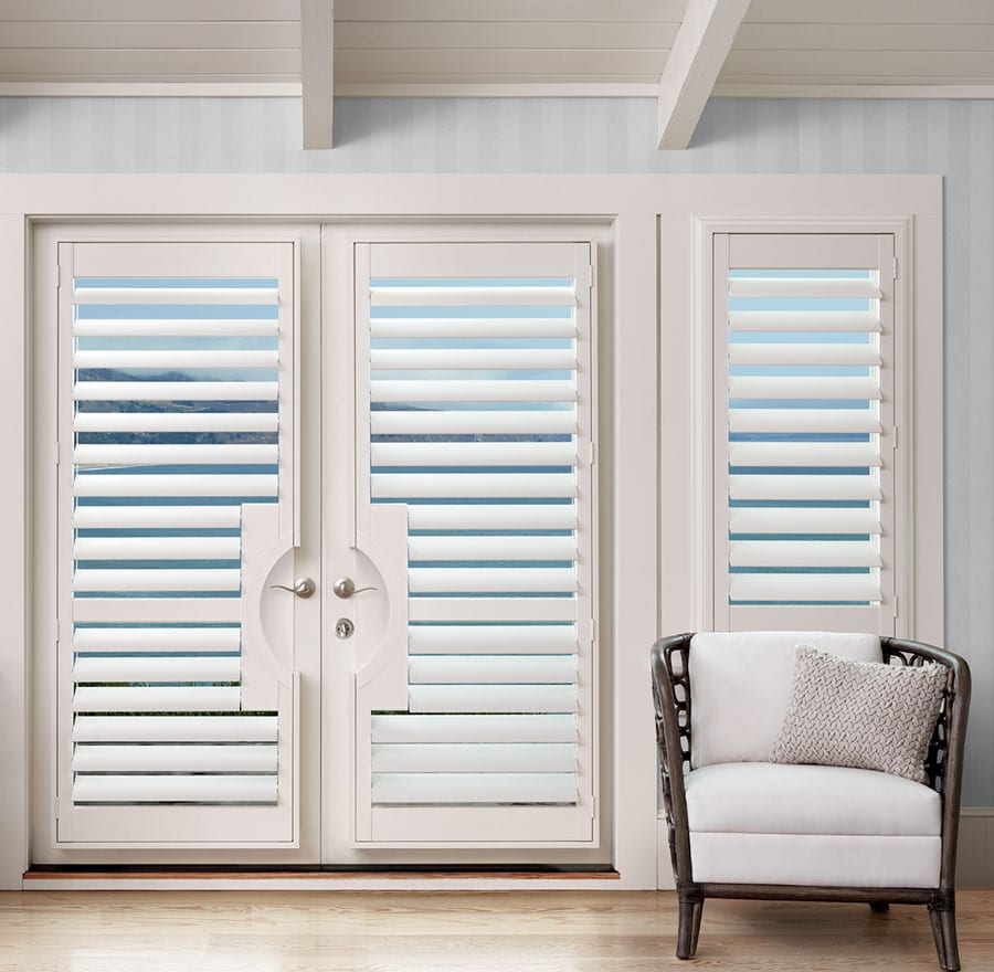 custom door coverings for french doors with white shutters in Houston TX