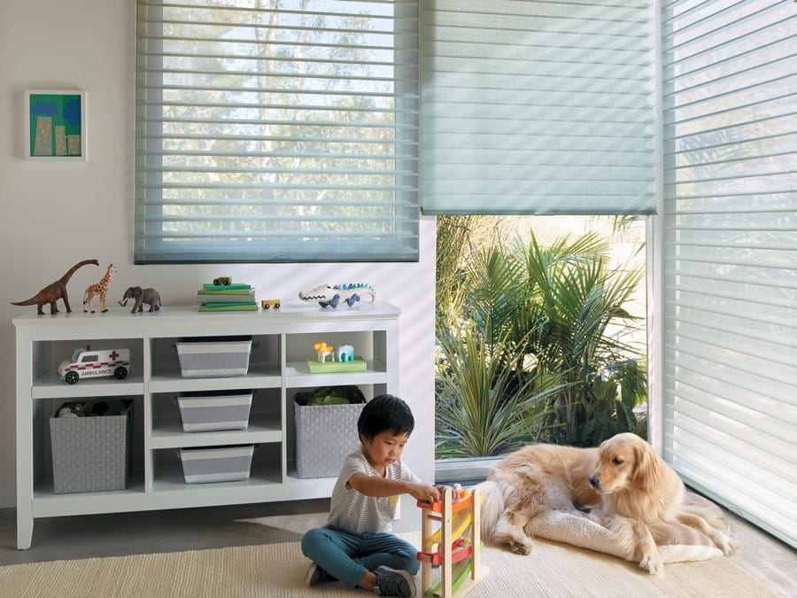 child and dog with sheer shades in playroom in Magnolia TX