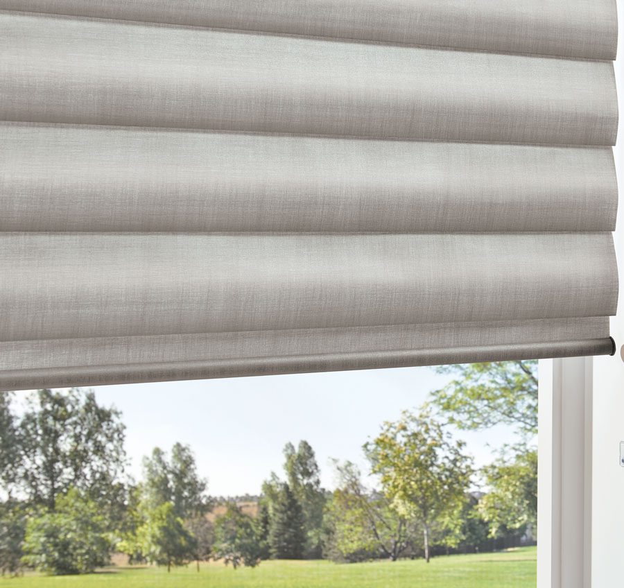 metallic window shades in soft gray