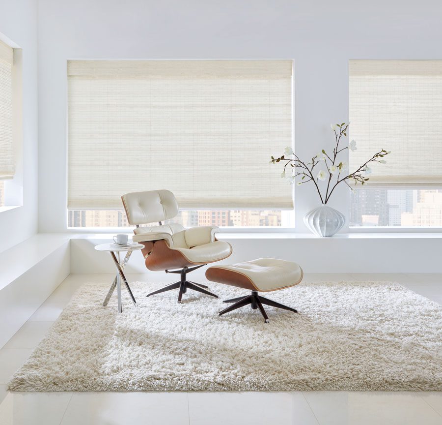 white woven shades in living room in Friendswood TX