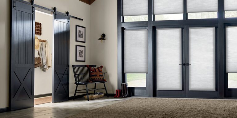 french doors with gray honeycomb shades in Memorial TX