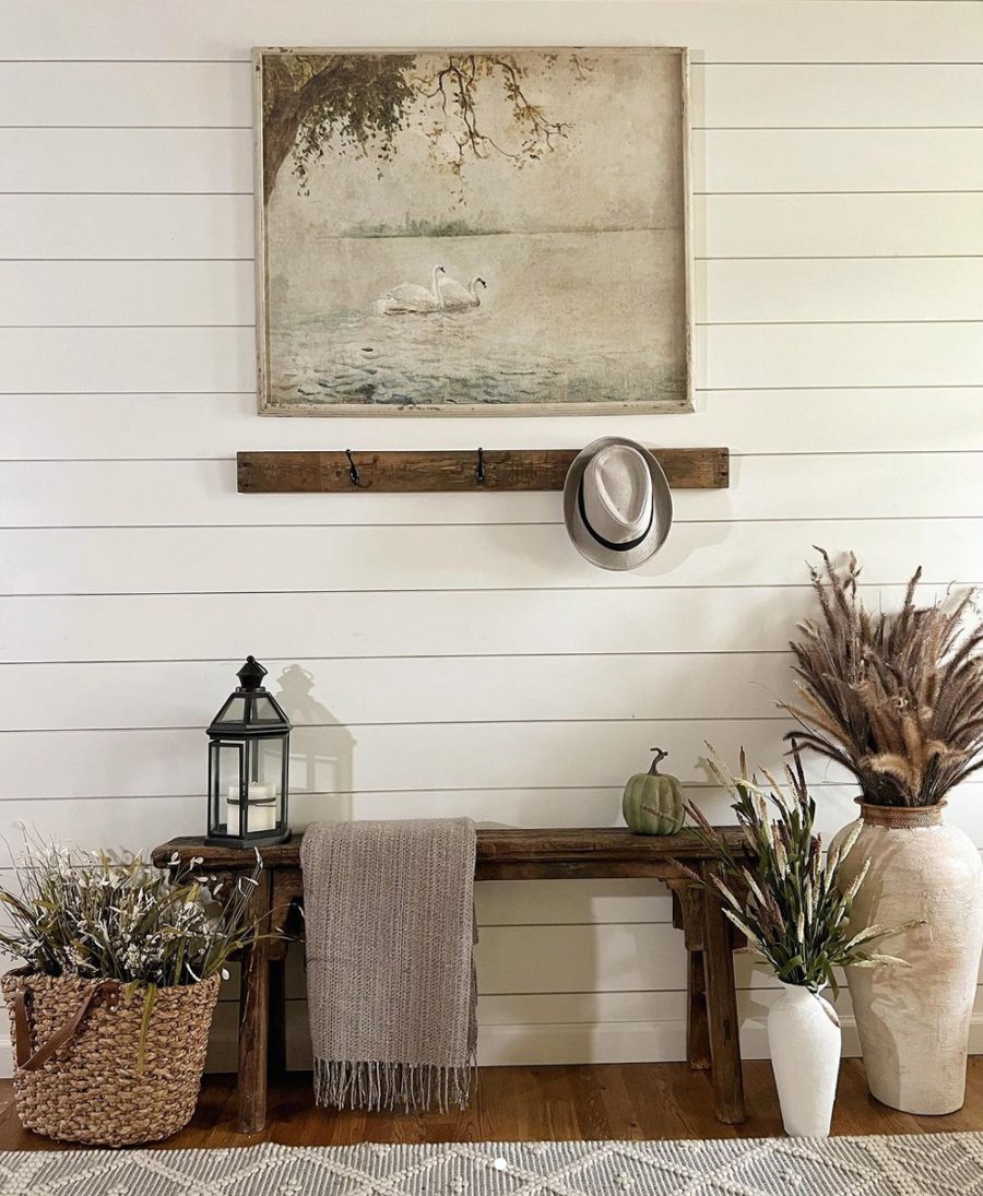 entryway bench with shiplap walls