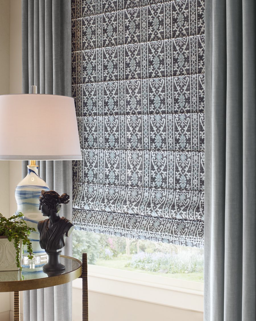 damask roman shades with side draperies