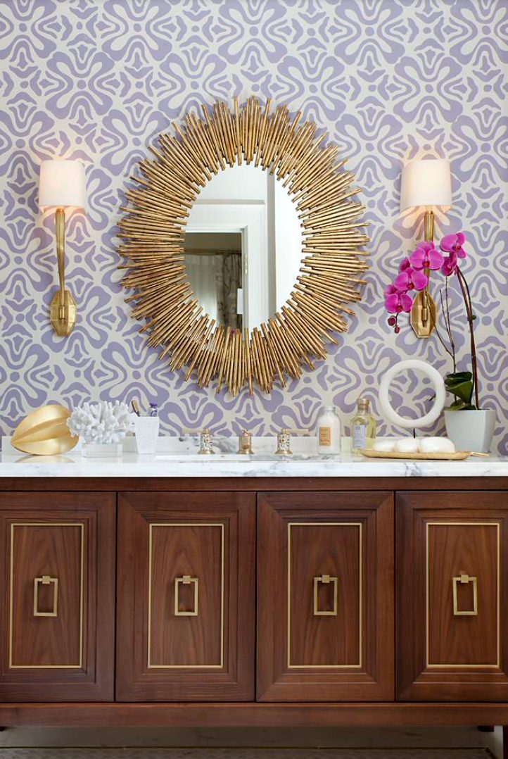 bathroom with patterned wallpaper in Houston