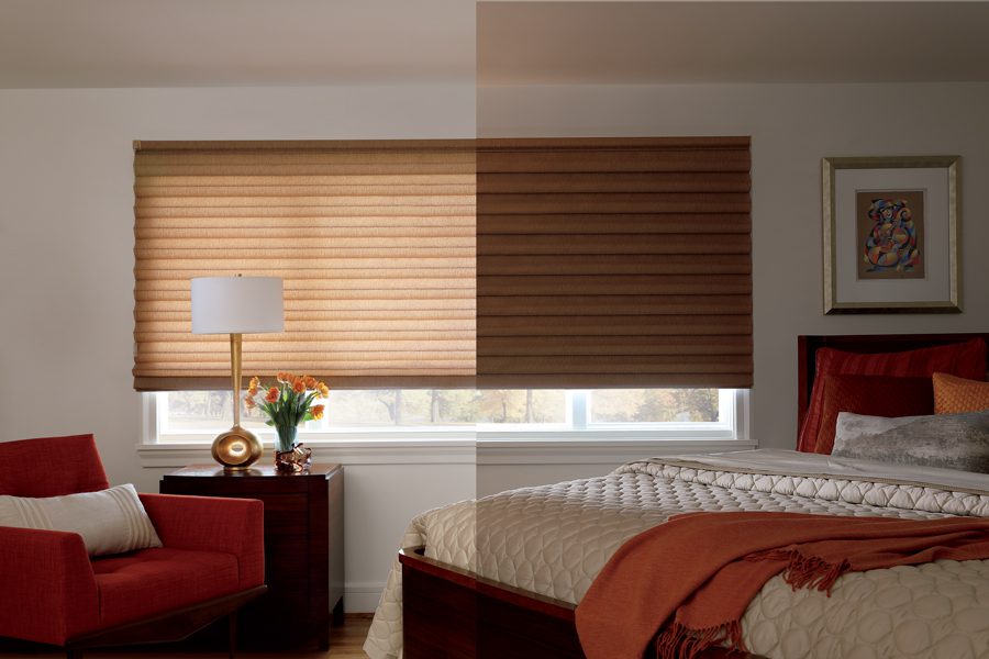 roman shades in bedroom with comparison of light fabrics and room darkening fabric in Houston TX