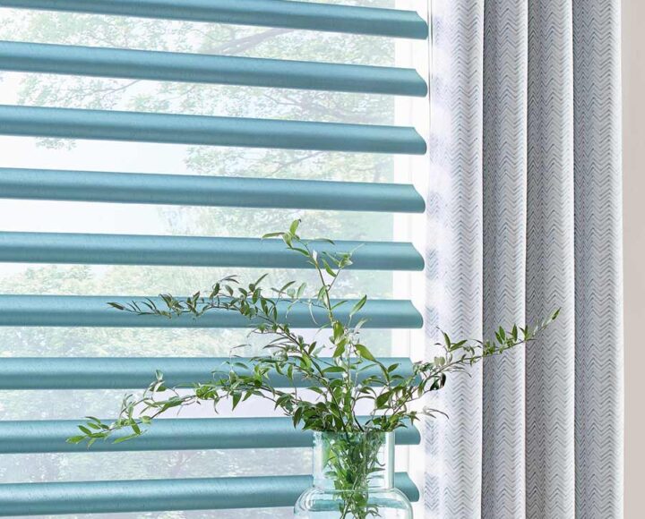 detail of blue piroutte window shades and herringbone drapes next to house plants