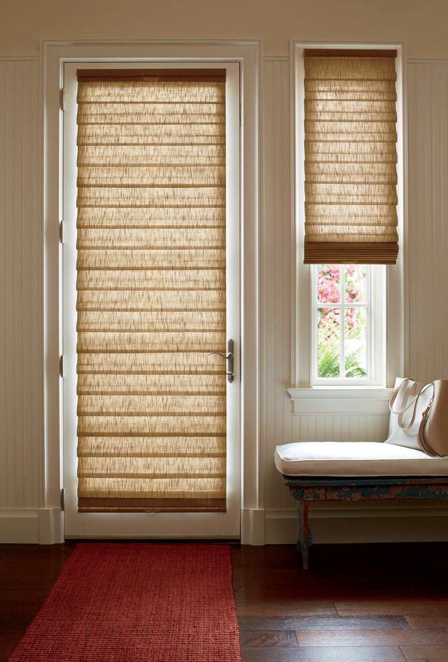 front entryway door with roman shades on door and sidelight in Houston