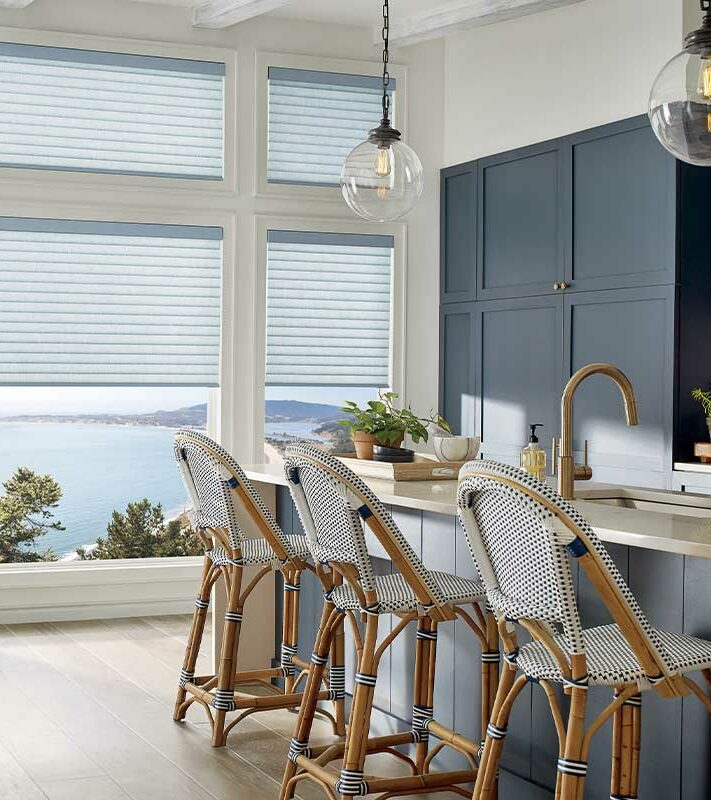 blue cabinetry and modern bar area with large picture windows and shades