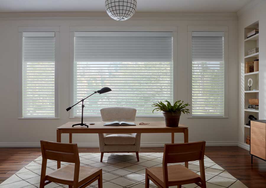 dual sheer shades in home office with room darkening shade halfway lowered