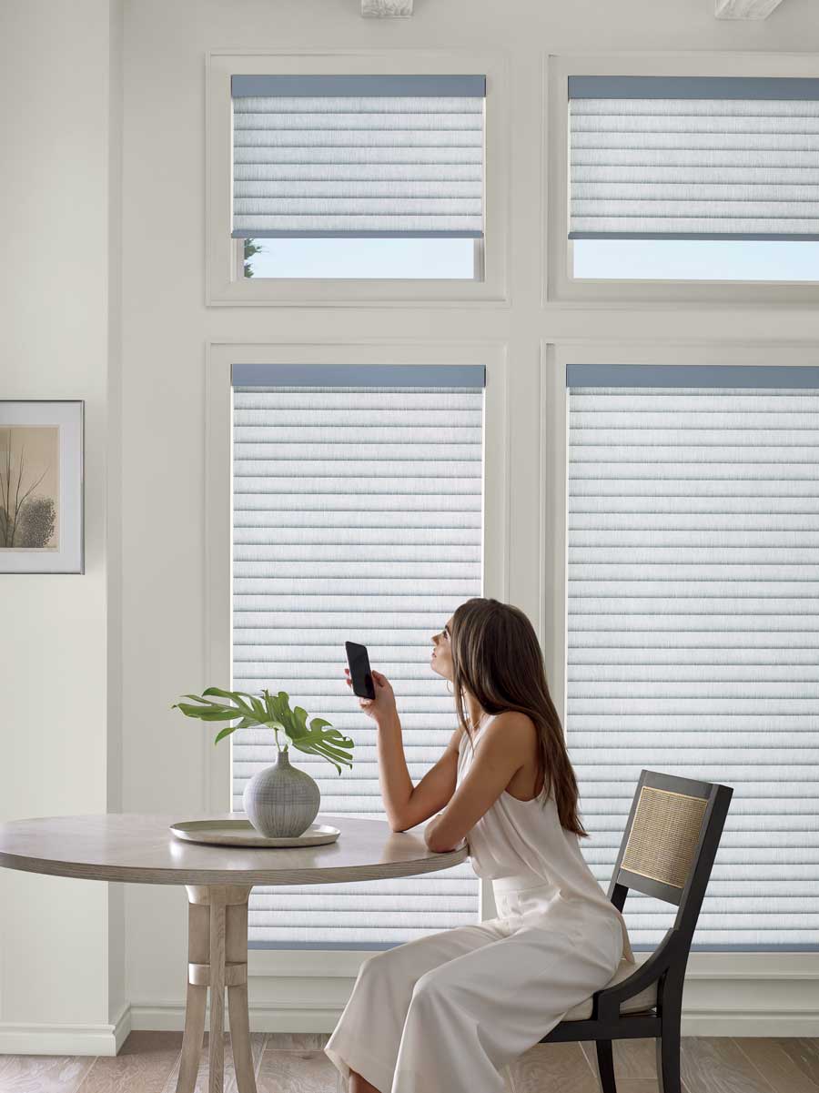 woman looks at phone with gray window shades 