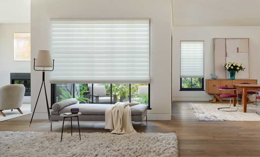 roman shades in open floor plan home